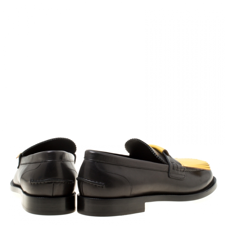 Pre Owned Burberry Black/Yellow Leather Bedmoore Fringe Detail Penny Loafers Size 45