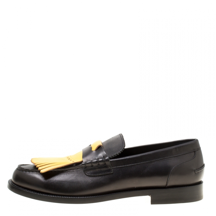 Pre Owned Burberry Black/Yellow Leather Bedmoore Fringe Detail Penny Loafers Size 45