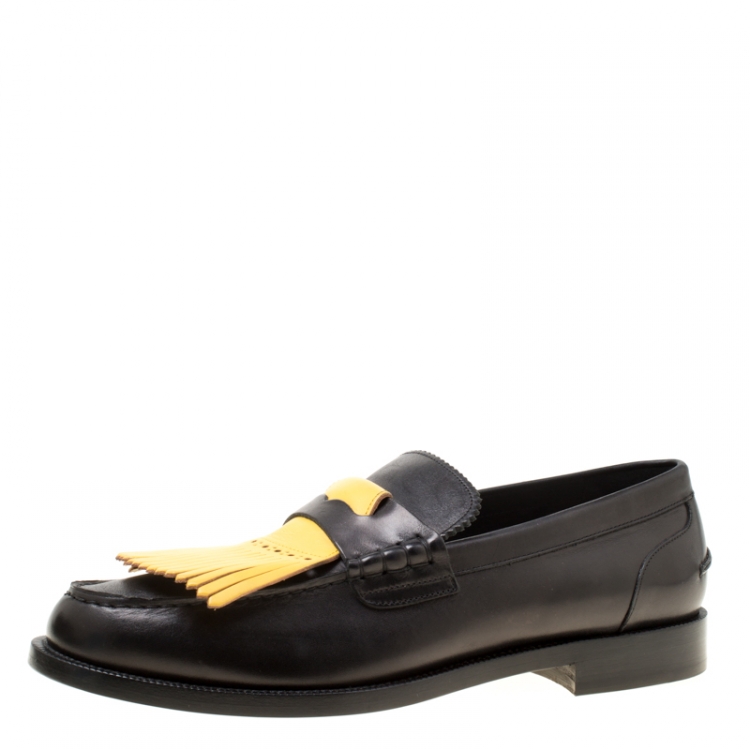 Pre Owned Burberry Black/Yellow Leather Bedmoore Fringe Detail Penny Loafers Size 45
