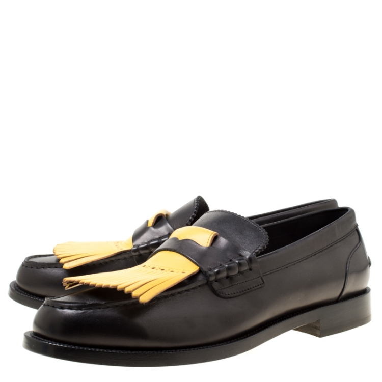 Pre Owned Burberry Black/Yellow Leather Bedmoore Fringe Detail Penny Loafers Size 45