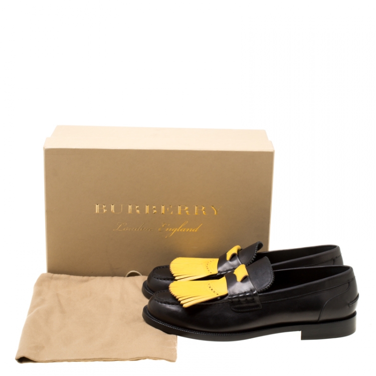 Pre Owned Burberry Black/Yellow Leather Bedmoore Fringe Detail Penny Loafers Size 45