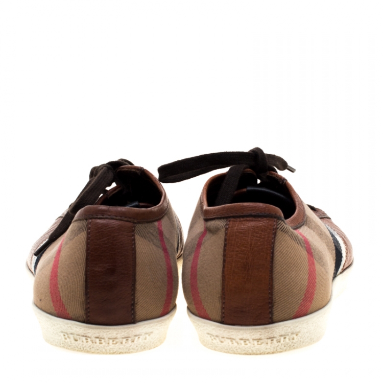Pre Owned Burberry Brown House Check Fabric and Leather Sneakers Size 44
