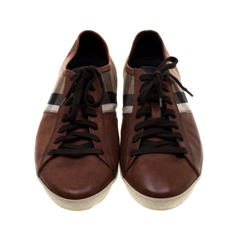 Pre Owned Burberry Brown House Check Fabric and Leather Sneakers Size 44