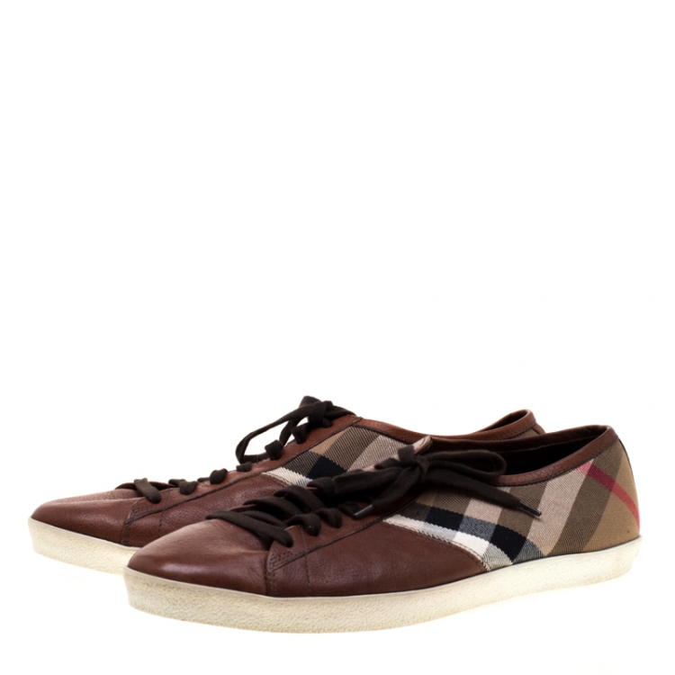 Pre Owned Burberry Brown House Check Fabric and Leather Sneakers Size 44