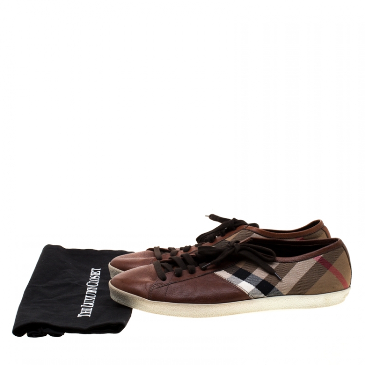 Pre Owned Burberry Brown House Check Fabric and Leather Sneakers Size 44