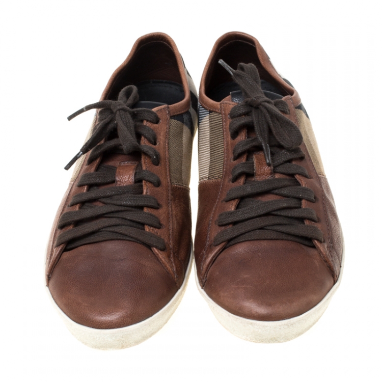 Pre Owned Burberry Brown Nova Check Canvas And Leather Cap Toe Low Top Sneakers Size 40