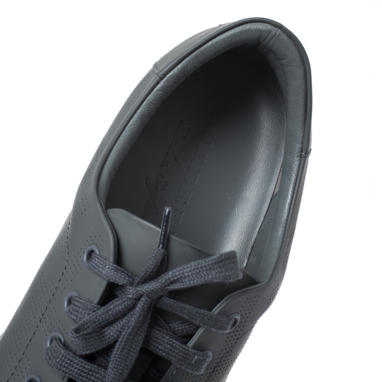 Pre Owned Burberry Dark Grey Perforated Leather Check Albert Sneakers Size 46