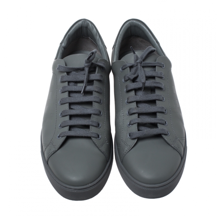 Pre Owned Burberry Dark Grey Perforated Leather Check Albert Sneakers Size 46
