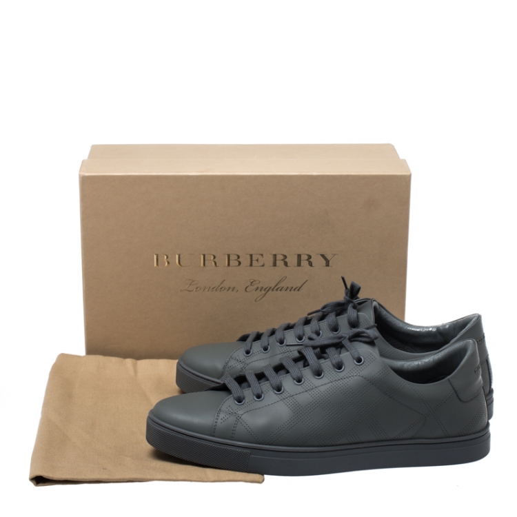 Pre Owned Burberry Dark Grey Perforated Leather Check Albert Sneakers Size 46