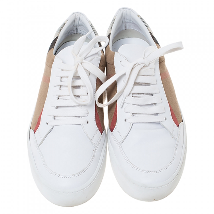 Pre Owned Burberry White Leather and House Check Canvas Lace Up Low Top Sneakers Size 40