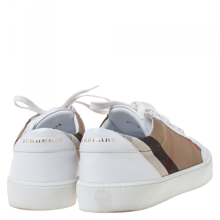 Pre Owned Burberry White Leather and House Check Canvas Lace Up Low Top Sneakers Size 40