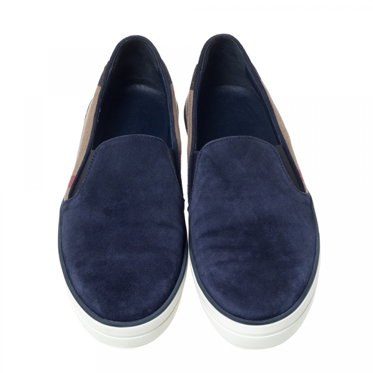Pre Owned Burberry Blue Suede And House Check Canvas Gauden Slip On Sneakers Size 41