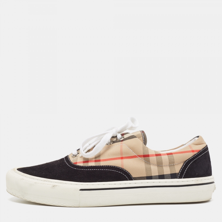 Pre Owned Burberry Beige/Black House Check Fabric and Suede Wilson Sneakers Size 40.5 