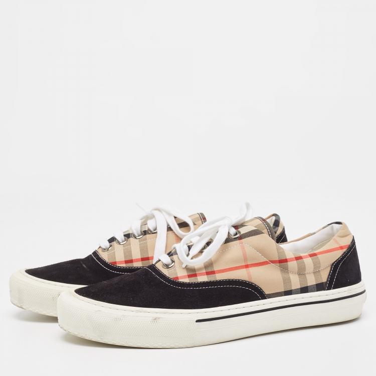 Pre Owned Burberry Beige/Black House Check Fabric and Suede Wilson Sneakers Size 40.5 