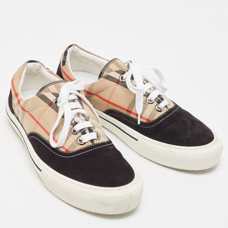 Pre Owned Burberry Beige/Black House Check Fabric and Suede Wilson Sneakers Size 40.5 