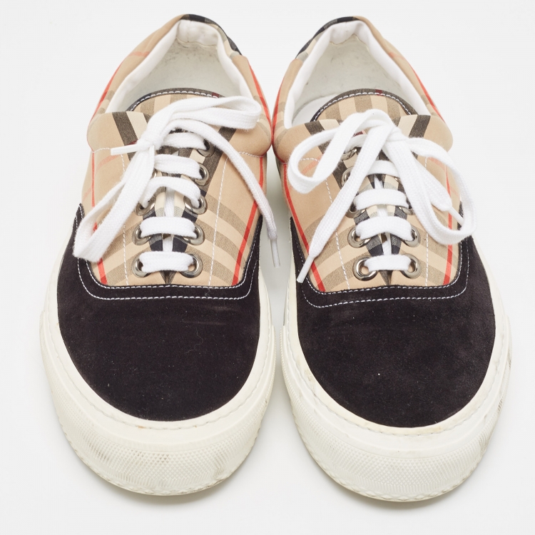 Pre Owned Burberry Beige/Black House Check Fabric and Suede Wilson Sneakers Size 40.5 
