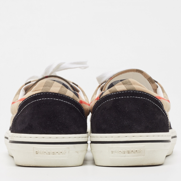Pre Owned Burberry Beige/Black House Check Fabric and Suede Wilson Sneakers Size 40.5 
