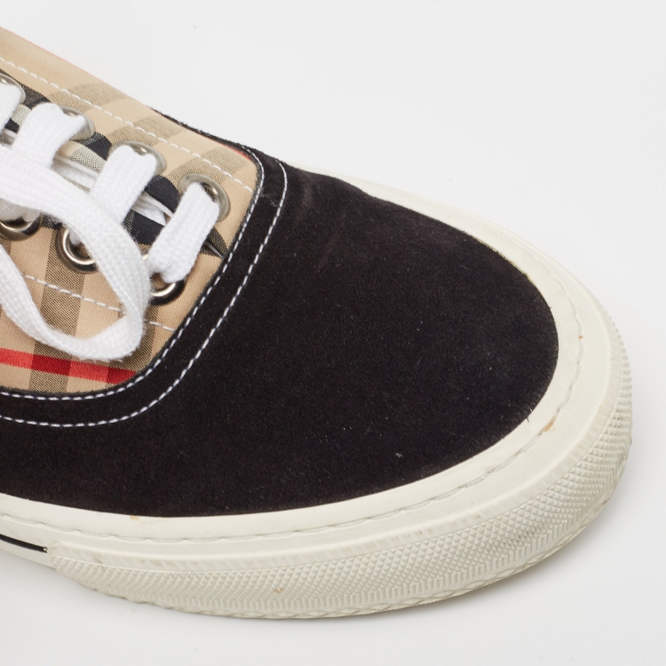 Pre Owned Burberry Beige/Black House Check Fabric and Suede Wilson Sneakers Size 40.5 
