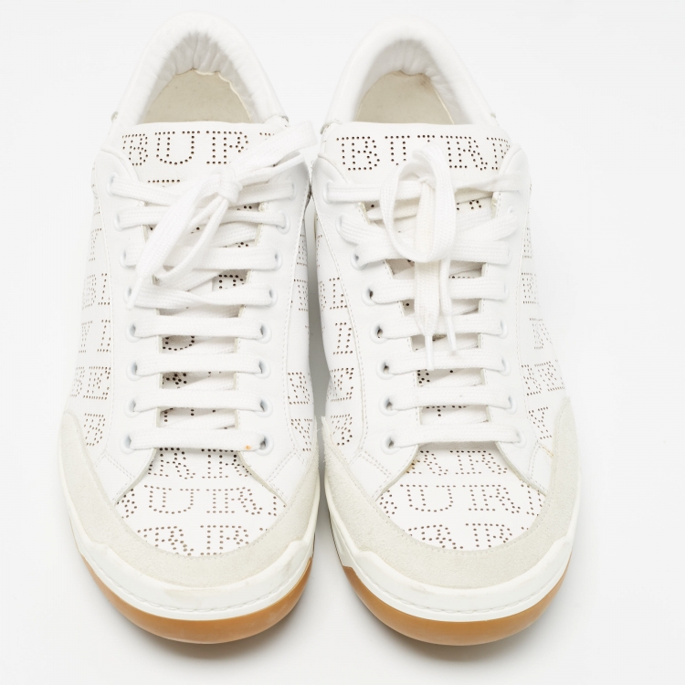 Pre Owned Burberry White Perforated Leather Timsbury Sneakers Size 41