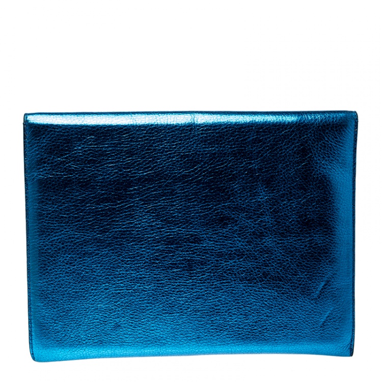 Pre Owned Burberry Metallic Blue Leather Envelope Clutch
