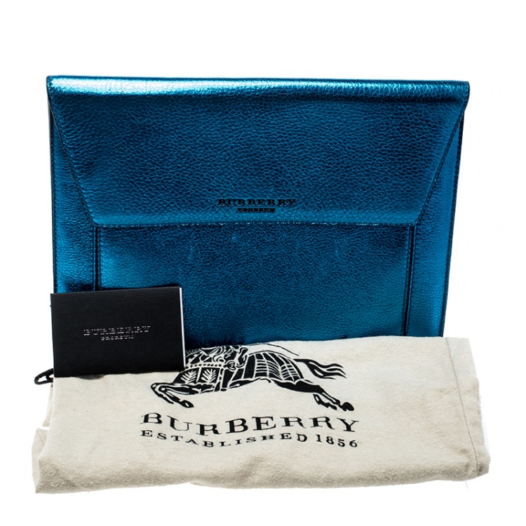Pre Owned Burberry Metallic Blue Leather Envelope Clutch