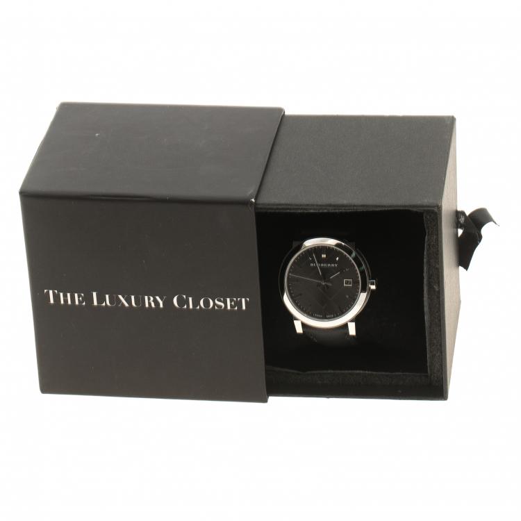 Pre Owned Burberry Silvered Black Stainless Steel Check Men's Wristwatch 39 mm