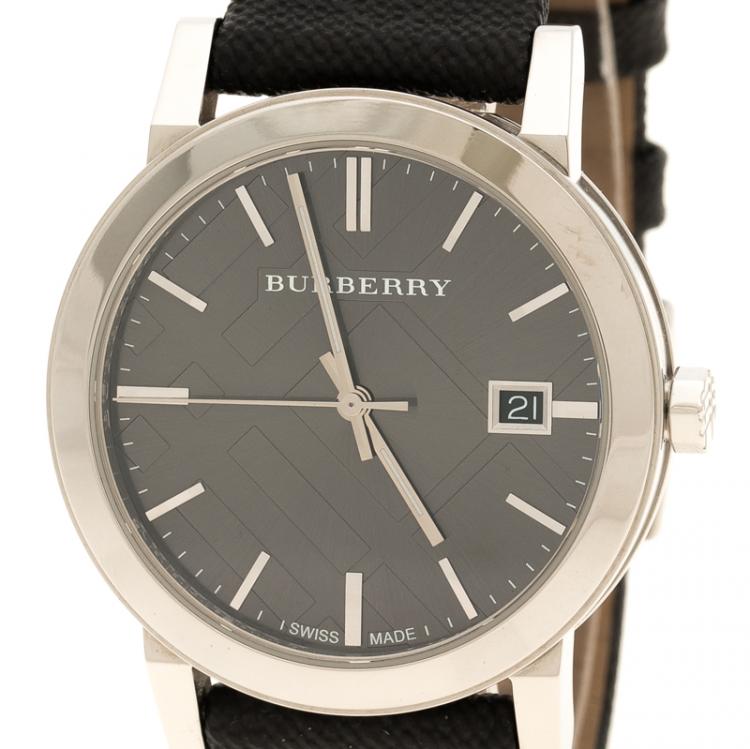 Pre Owned Burberry Silver Grey Stainless Steel Heritage BU9024 Men's Wristwatch 38 mm