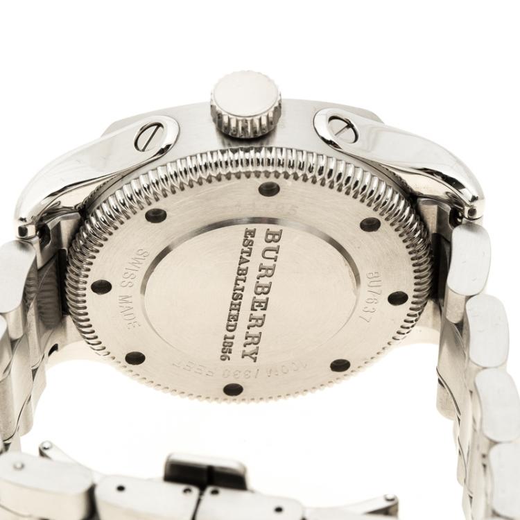 Pre Owned Burberry Silver White Stainless Steel Military Inspired BU7637 Men's Wristwatch 43 mm