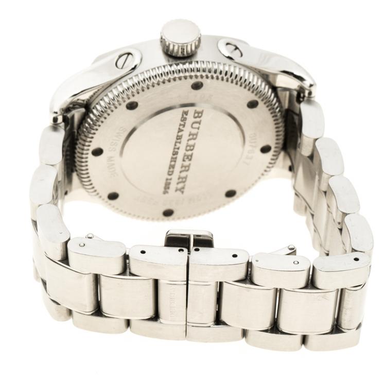 Pre Owned Burberry Silver White Stainless Steel Military Inspired BU7637 Men's Wristwatch 43 mm