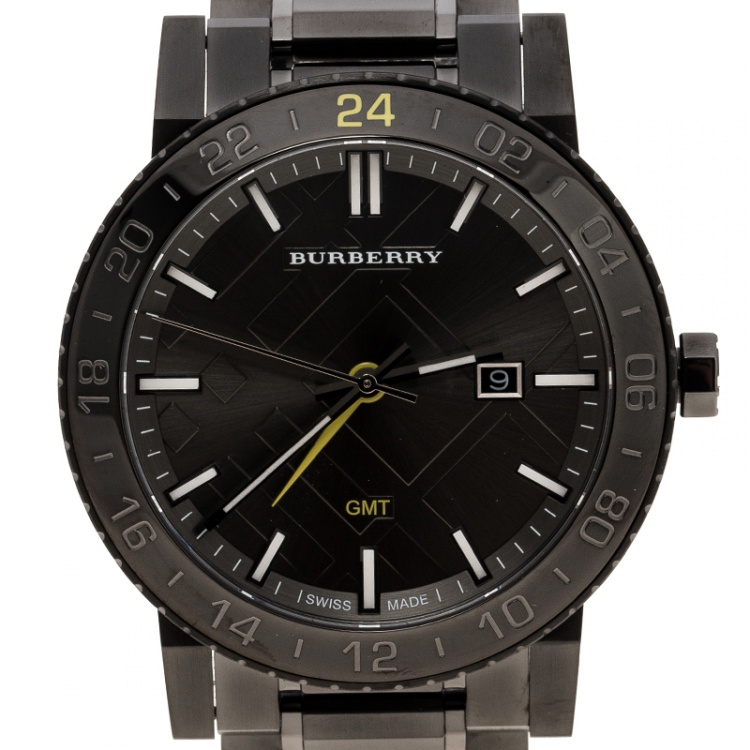 Pre Owned Burberry Grey Gunmetal Ion Stainless Steel GMT BU9340 Men's Wristwatch 43 mm