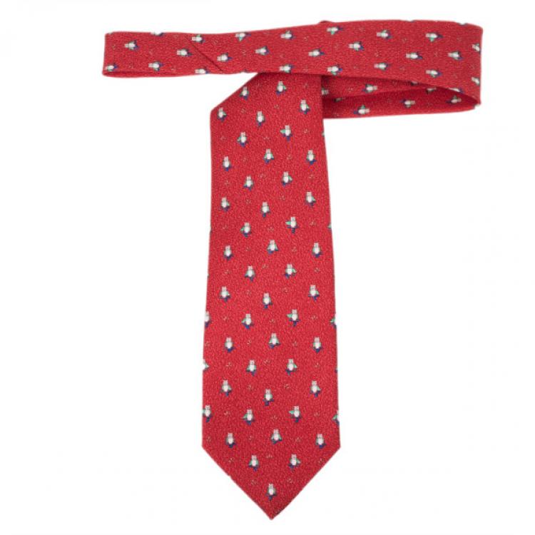 Pre Owned Bvlgari Red Owl Print Silk Tie