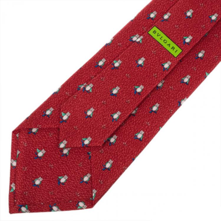 Pre Owned Bvlgari Red Owl Print Silk Tie