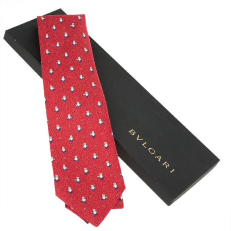 Pre Owned Bvlgari Red Owl Print Silk Tie