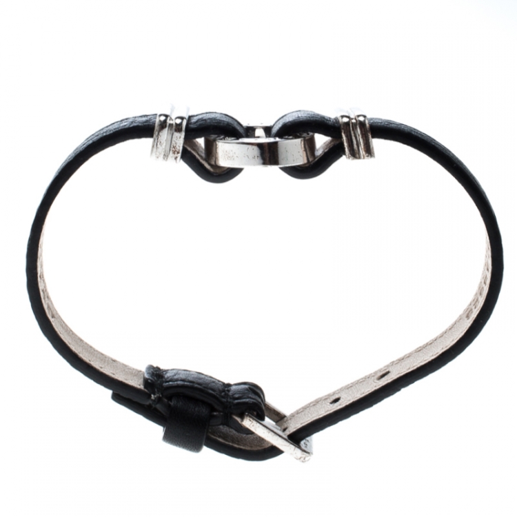 Pre Owned Bvlgari Black Leather Silver Bracelet