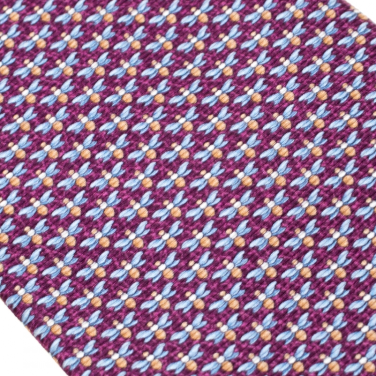 Pre Owned Bvlgari Purple Dragonfly Print Sevenfold Silk Tie