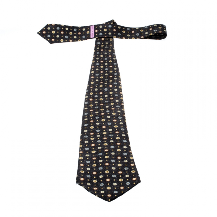 Pre Owned Bvlgari X Davide Pizzigoni Dark Grey Printed Silk Seven Fold Tie 