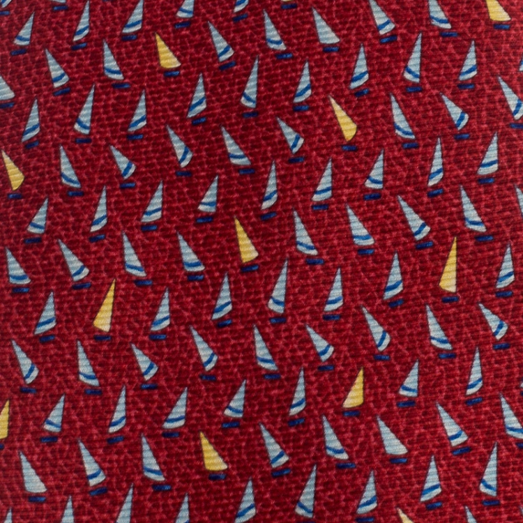 Pre Owned Bvlgari Red Sailboat Print Silk Tie