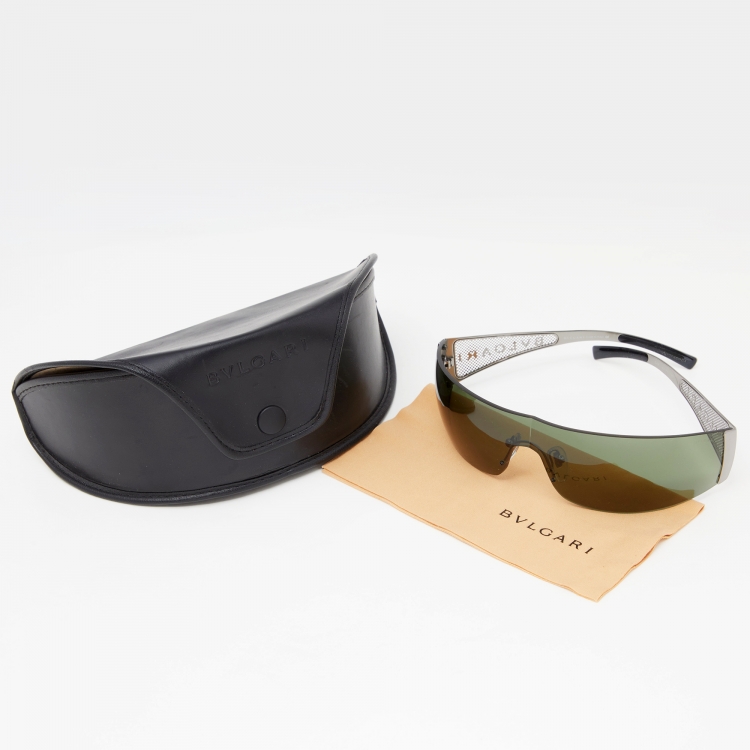 Pre Owned Bvlgari Gunmetal Tone/Green 549 Shield Sunglasses