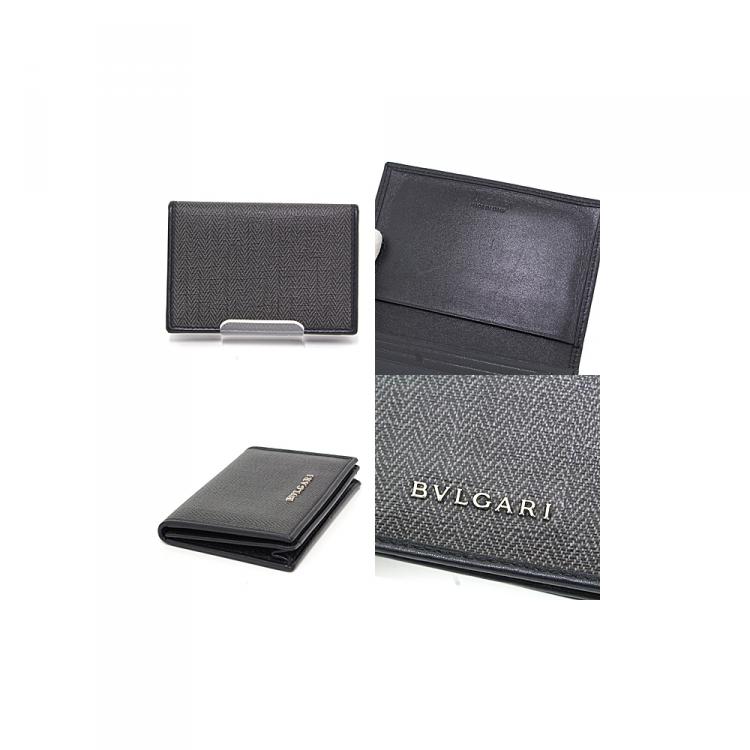 Pre Owned Bvlgari Black/Gray Coated Canvas Leather Weeken Business Card Holder 