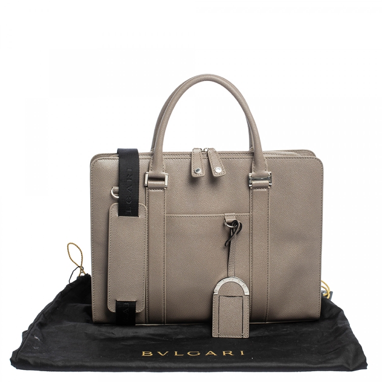 Pre Owned Bvlgari Taupe Grey Grained Leather Briefcase
