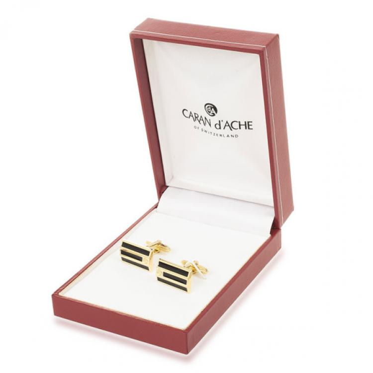 Pre Owned Caran D'Ache Black Enameled Gold Plated Cufflinks
