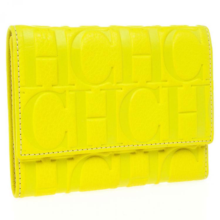 Pre Owned Carolina Herrera Yellow Monogram Compact Wallet