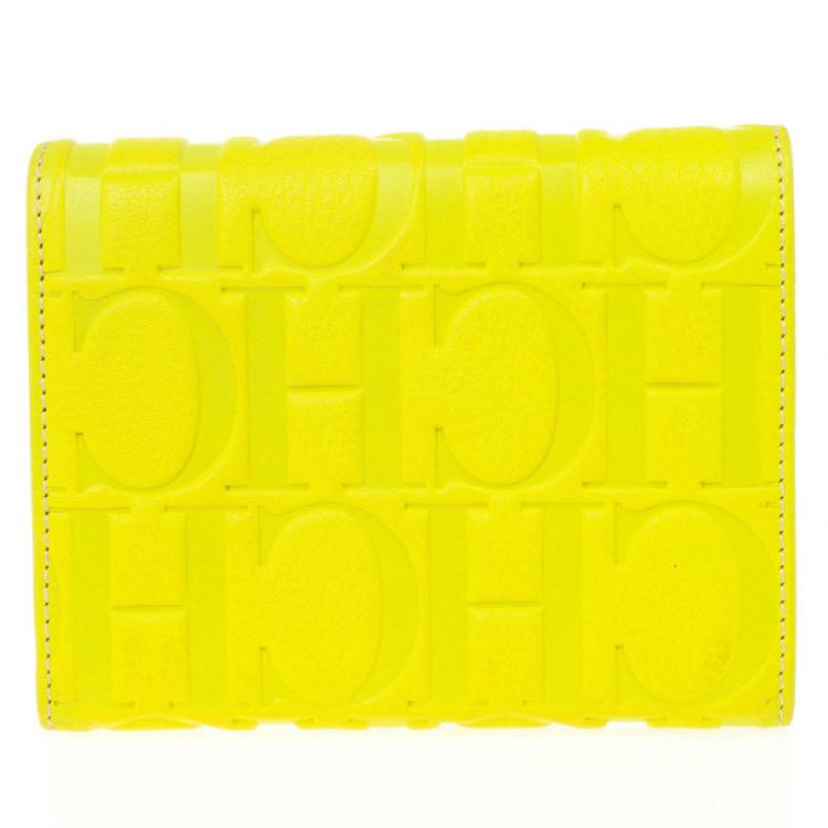 Pre Owned Carolina Herrera Yellow Monogram Compact Wallet
