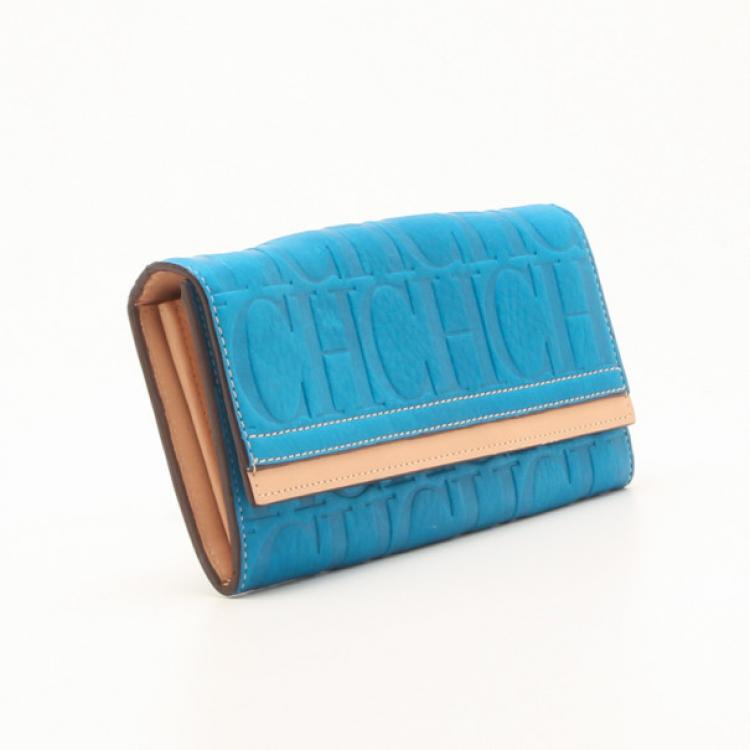 Pre Owned Carolina Herrera Blue Embossed Leather Continental Wallet