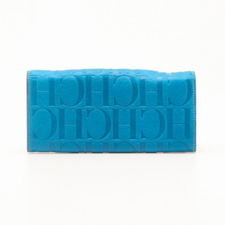 Pre Owned Carolina Herrera Blue Embossed Leather Continental Wallet
