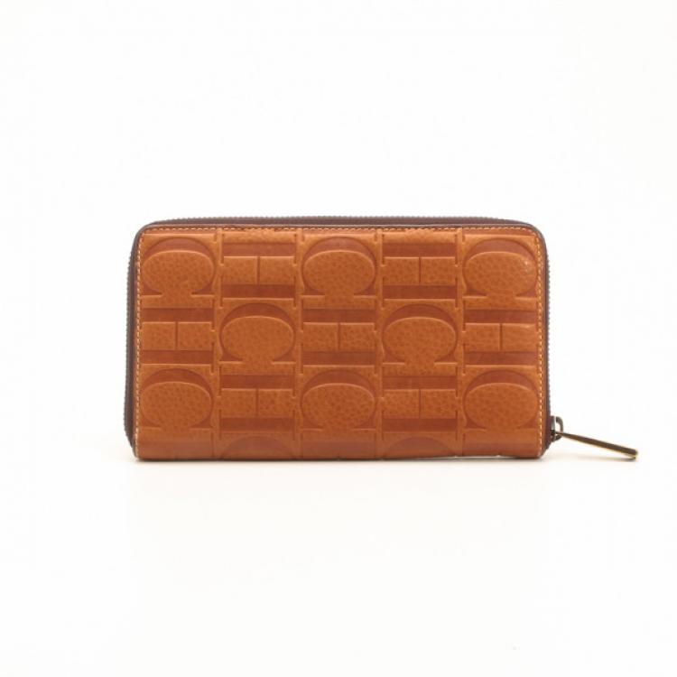 Pre Owned Carolina Herrera Brown Embossed Leather Zippy Wallet