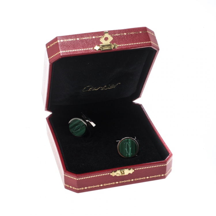 Pre Owned Cartier Double C Logo Engraved Malachite Inlay Silver Round Cufflinks 