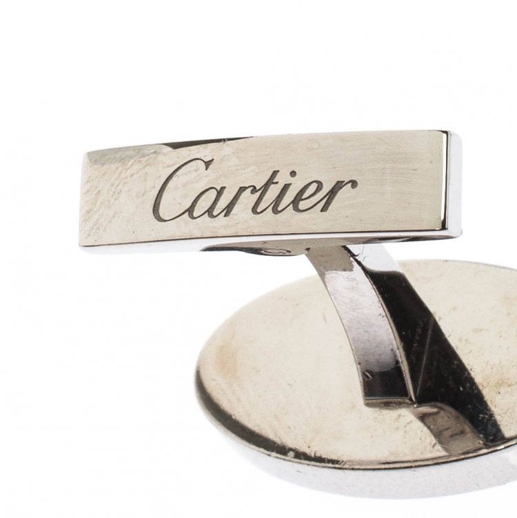 Pre Owned Cartier Double C Logo Black Enamel Silver Cufflinks