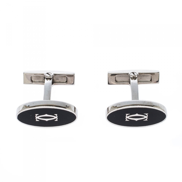 Pre Owned Cartier Double C Logo Black Enamel Silver Cufflinks