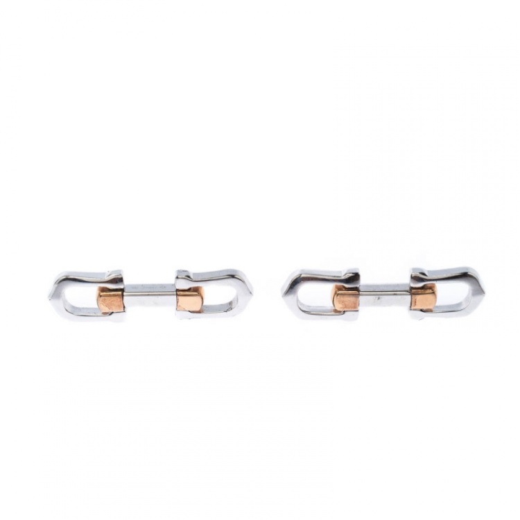 Pre Owned Cartier Elongated C Shape Rose Gold Finish Silver Decor Cufflinks